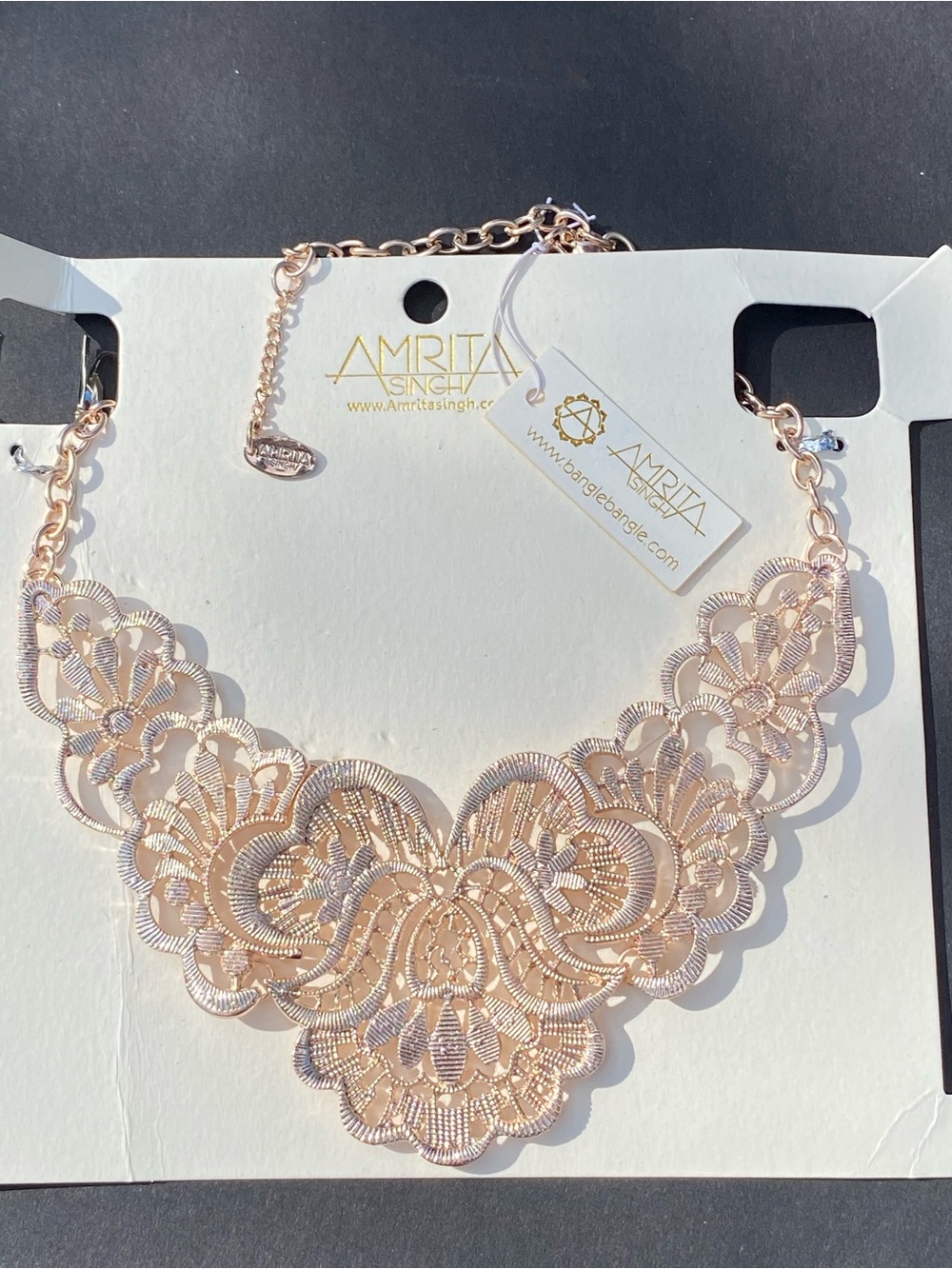 NWT Amrita articulated statement necklace,rose gold filigree,diamond cut shine